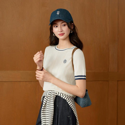 【严选】诗凡黎兰精天丝短袖针织衫2026春夏新款撞色边学院风刺绣圆领上衣7H3330731 商品图2