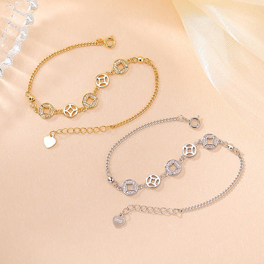 【福运常在】S925纯银镀金铜钱钱币招财手链【CW-SL12014】 商品图1