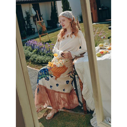 两三事梵高文艺 午后花影 2026夏季新款复古荷叶边裙摆印花半身裙 商品图3