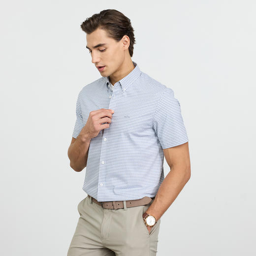 德鲨鲨鱼棉质短袖格子衬衣男青年2026夏新款休闲打底上衣弹力衬衫 商品图1