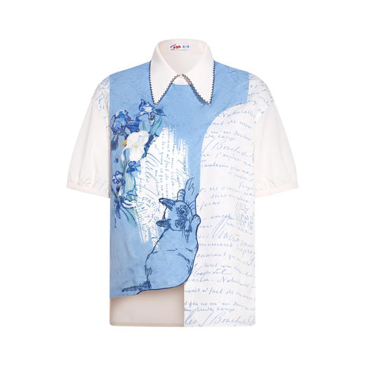 两三事梵高文艺星垂故梦2026春季新款猫咪刺绣不对称下摆印花衬衫 商品图4