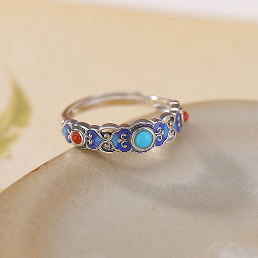 【吉祥如意】S925纯银绿松石南红复古珐琅圆珠戒指【CW-JZ07537】 商品图1