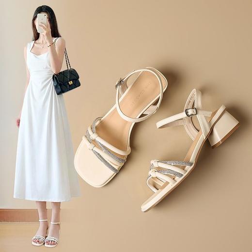ZHR银色粗跟凉鞋通勤时装凉鞋夏季新款一字带高跟凉鞋ins水钻凉鞋 商品图1