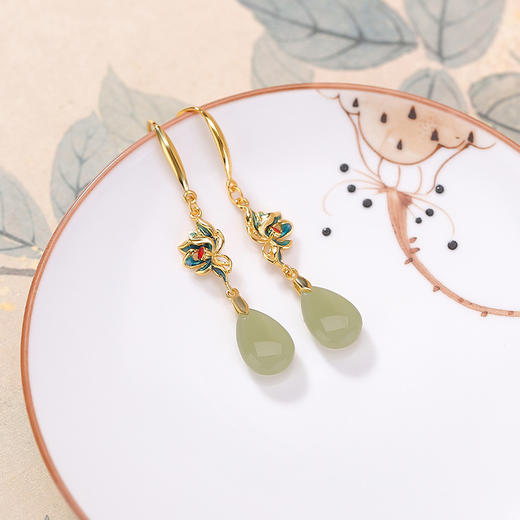 【水滴莲花】S925纯银镀金晴水玉珐琅长款耳饰【CW-EG02461】 商品图1