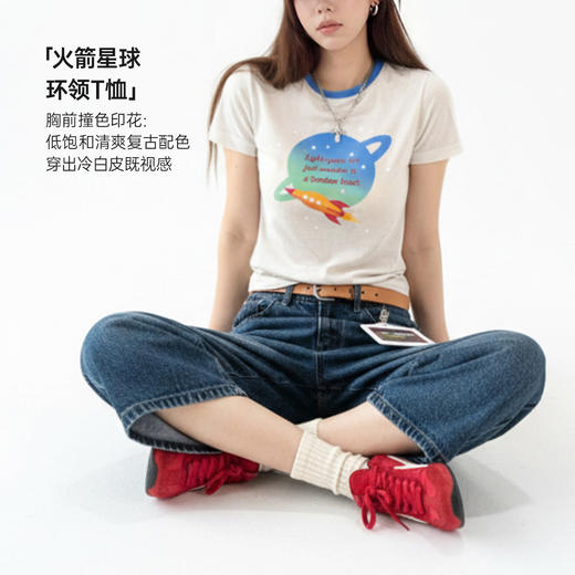 马登复古轻薄莱赛尔天丝撞色圆领正肩修身印花短袖T恤上衣女士夏 商品图1