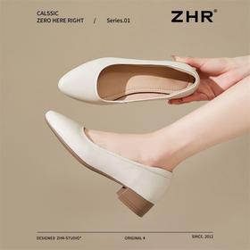 ZHR真皮粗跟单鞋女鞋2025新款轻便女士平底鞋软底一脚蹬浅口女鞋