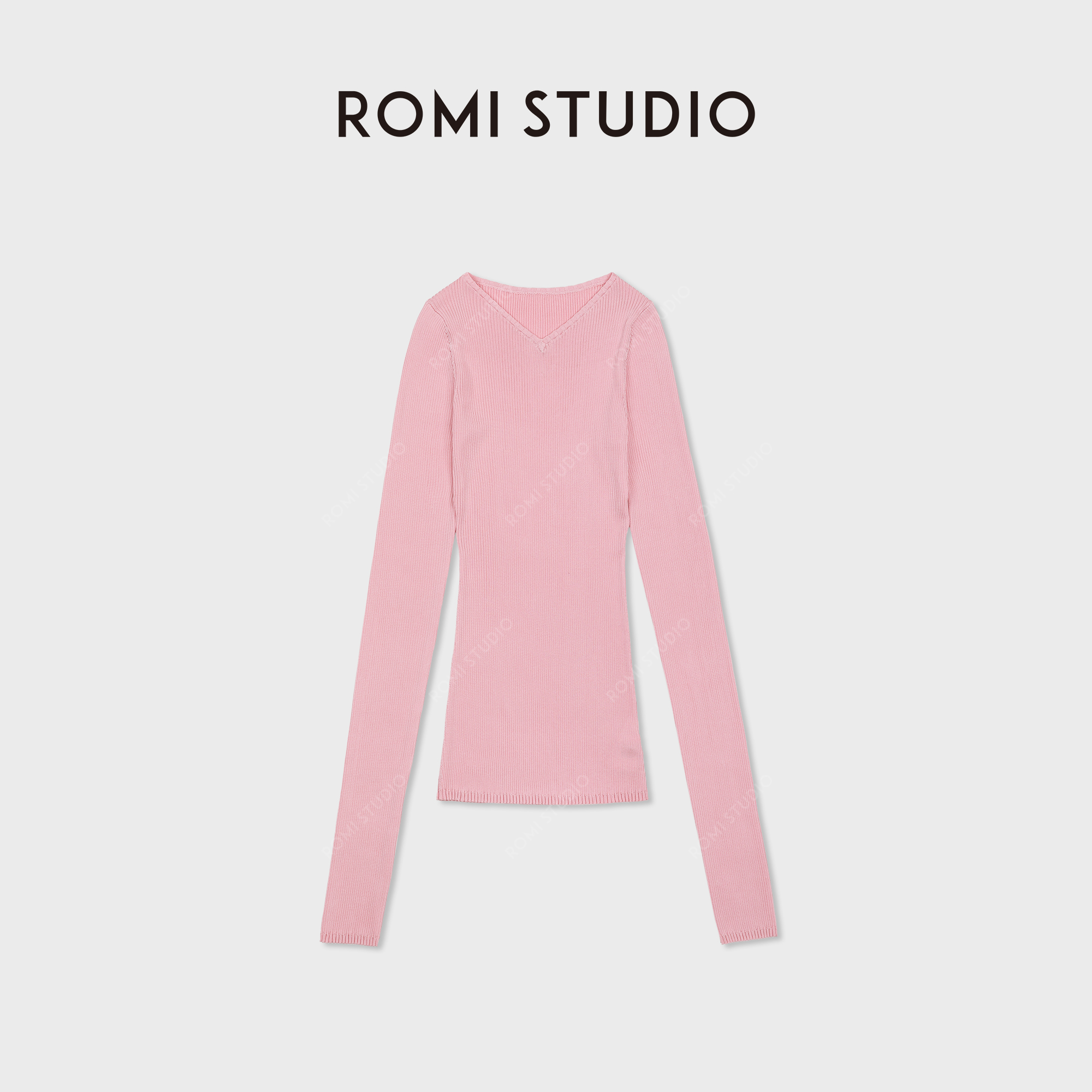 ROMI STUDIO100%桑蚕丝坑条v领粉色修身长袖针织上衣RWDSST1760