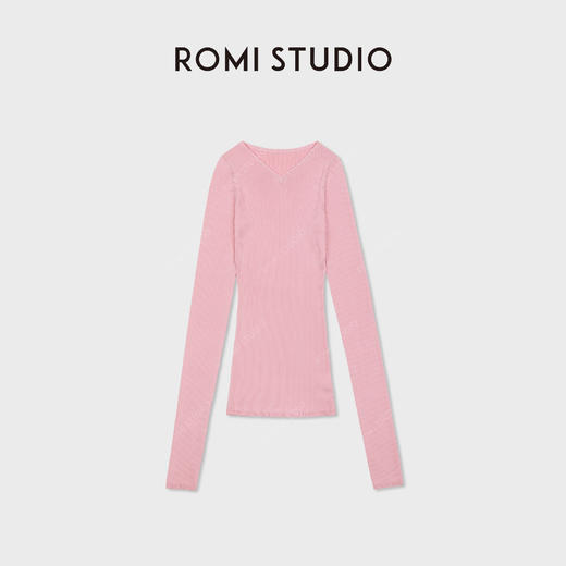 ROMI STUDIO100%桑蚕丝坑条v领粉色修身长袖针织上衣RWDSST1760 商品图0