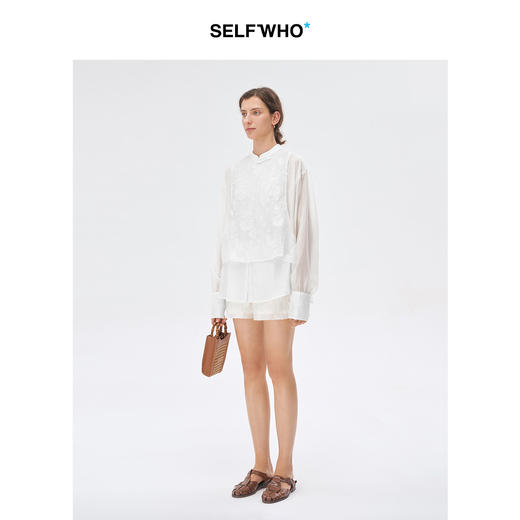 Self Who新中式套装女2023新款夏旗袍领轻奢高级感假两件上衣裤子 商品图1