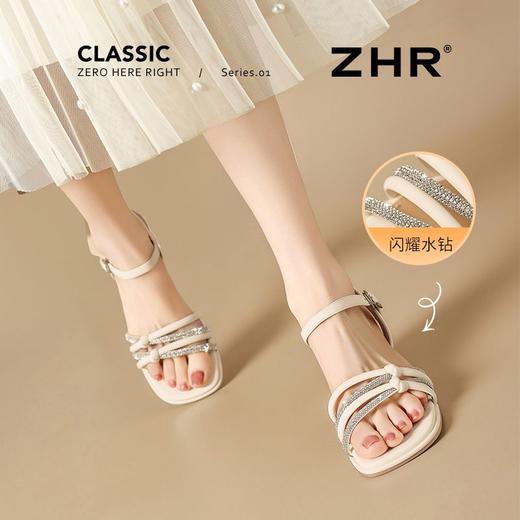 ZHR银色粗跟凉鞋通勤时装凉鞋夏季新款一字带高跟凉鞋ins水钻凉鞋 商品图3