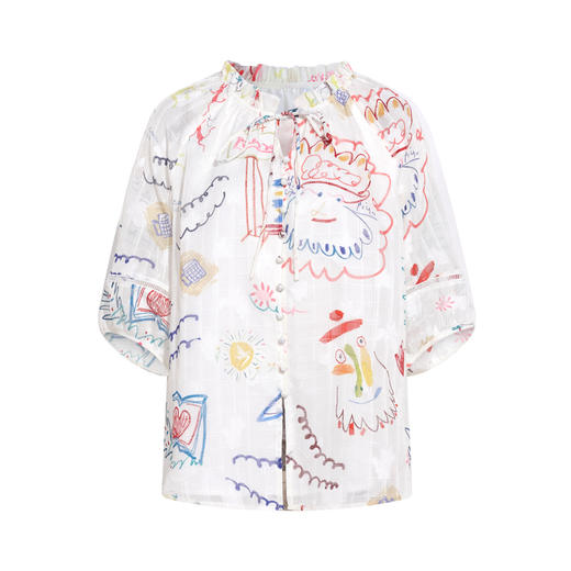 两三事 小岛微风 2026春季新款趣味印花绑带v领灯笼袖衬衫女宽松 商品图4