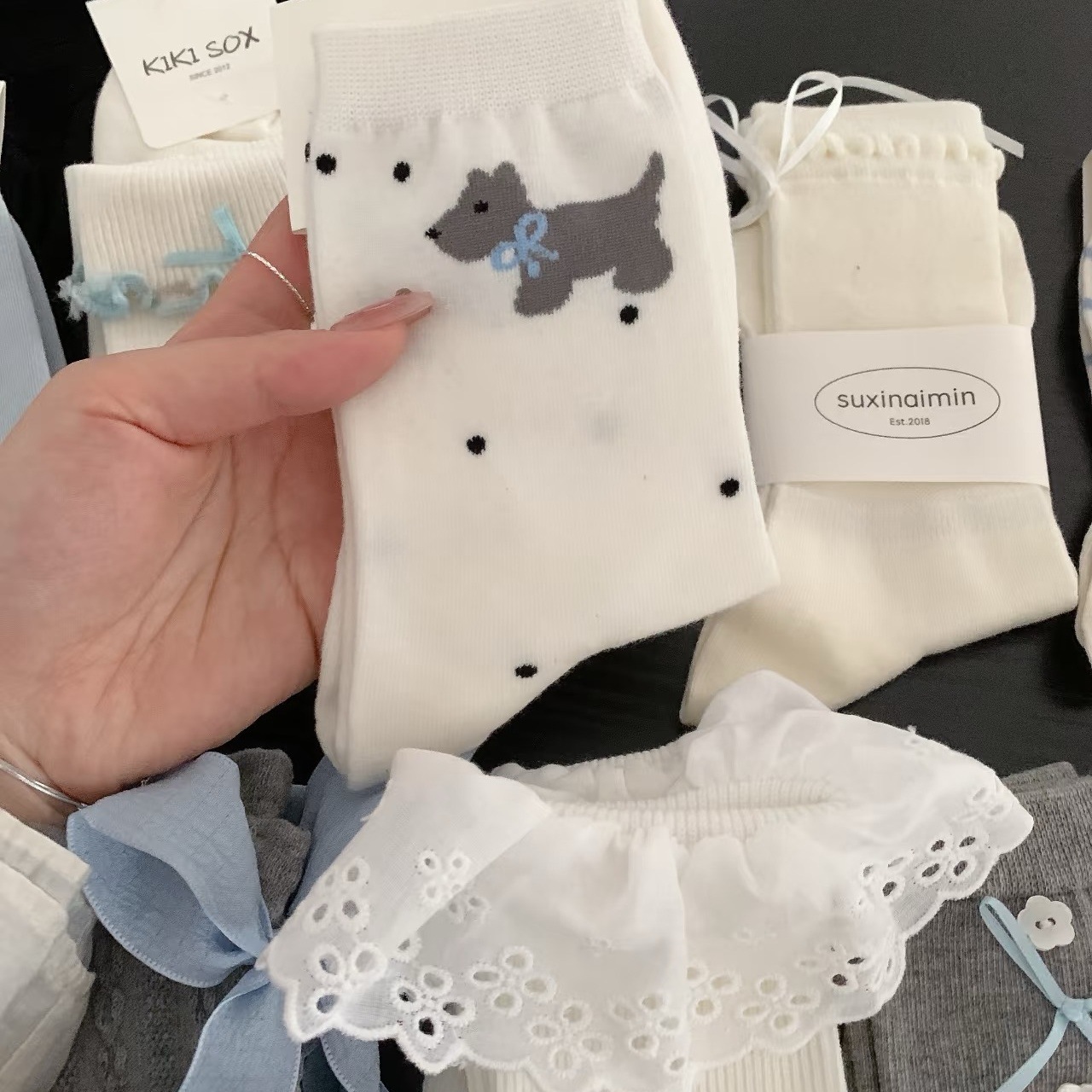 春款袜子大合集！任选4双包邮～棉感中筒袜韩系ins同款条纹纯色波点甜美Lolita堆堆袜女袜蕾丝大花边袜女