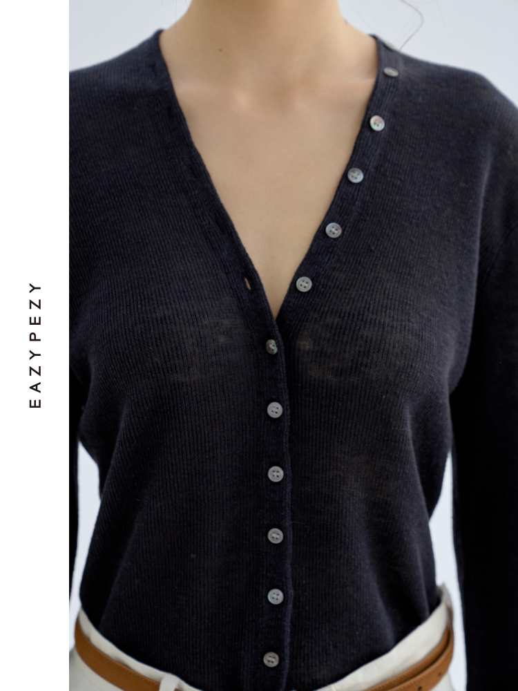 有机亚麻V领修身长袖针织开衫