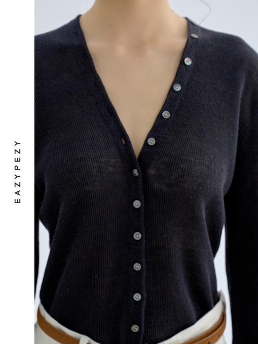 有机亚麻V领修身长袖针织开衫 商品图0