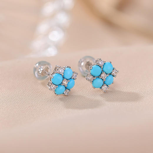 【四叶嘉宁】原矿绿松石S925纯银圆珠四叶草耳钉【CW-ED04474】 商品图1