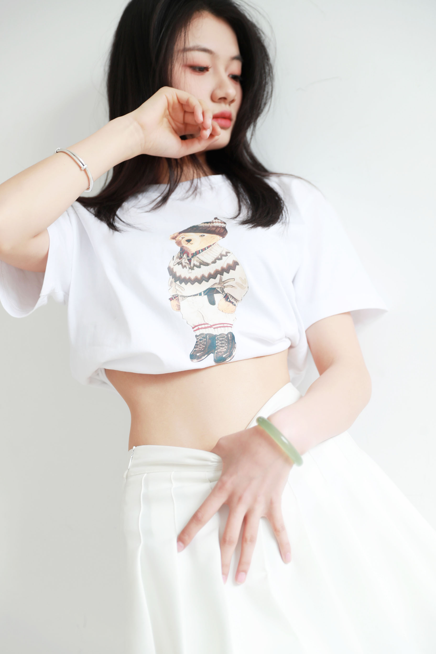 美式卡通tee，松弛感印花半袖儿。本白色复古圆领纯棉t恤E031760