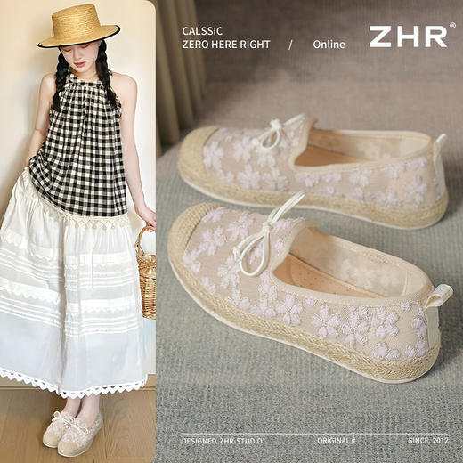 ZHR繁花网纱渔夫鞋女2025新款蝴蝶结透气懒人鞋平底一脚蹬单鞋女 商品图0