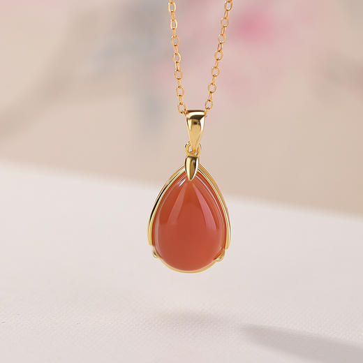 【喜乐长安】S925纯银镀金水红南红玛瑙水滴形吊坠【CW-DZ07178】 商品图1