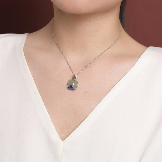 【山盟之约】S925纯银镀金蜜蜡晴水玉碧玉珐琅山盟方形吊坠【CW-DZ07183】 商品图3