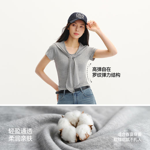 森马短袖T恤女夏季短款花边披肩翻领假两件正肩紧身2026新款上衣 商品图4