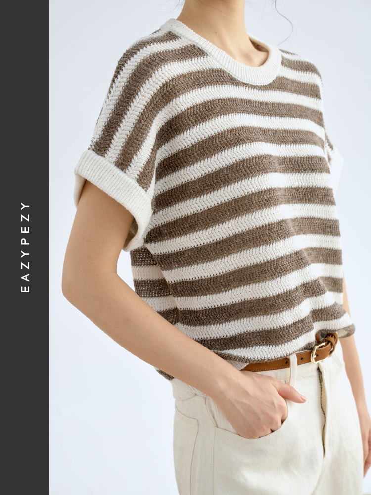 航海假日·亚麻条纹连肩袖针织套衫