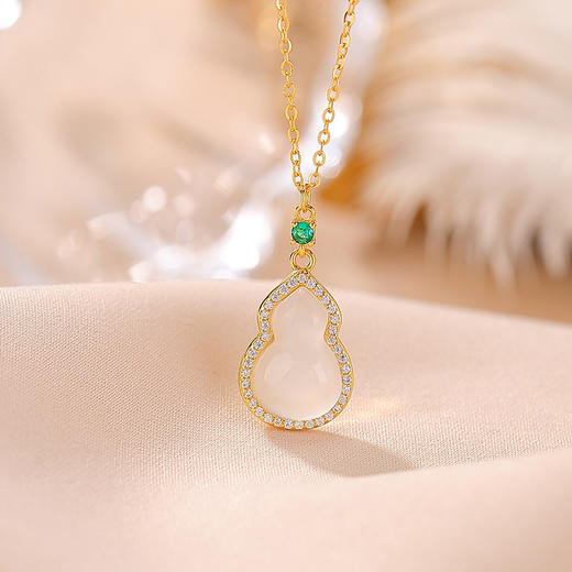 【福禄沉醉】S925纯银镀金白玉髓葫芦吊坠套链【CW-XL00492】 商品图1