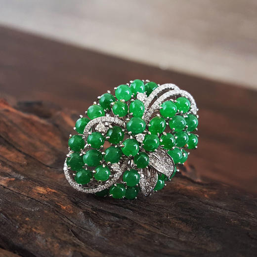 【天然正品】A货翡翠AU750白金镶钻群镶天然设计师花卉款细腻满绿冰种蛋面翡翠戒指16.5号（戒圈可改）280226HSD43 商品图4