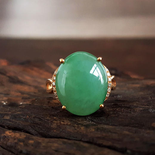 【天然正品】A货翡翠AU750黄金镶钻镶天然细腻满绿糯冰种蛋面翡翠戒指16.5号（戒圈可改）131125AH25 商品图5