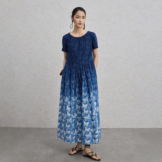 【林栖设计小店】 翩然蝶舞|纯棉蝴蝶印花渐变蓝宽松2026早春新品连衣裙1961265 商品图1