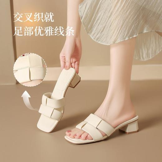 ZHR则则粗跟一字拖鞋女2025新款夏季外穿方头配裙子法式时尚拖鞋 商品图5