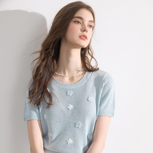 三彩2026夏季新款花朵针织衫圆领短袖正肩毛衫套头衫短款上衣M 商品图3