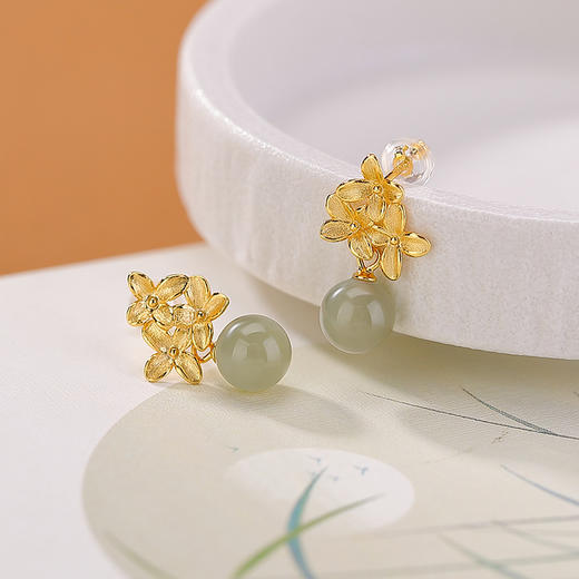 【炫彩人间】S925纯银镀金和田玉碧玉沉香蜜蜡水红南红桂花圆珠耳饰【CW-ED04538】 商品图2