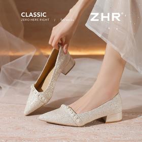 ZHR则则高跟鞋女2025秋季新款法式尖头粗跟一脚蹬单鞋女浅口女鞋
