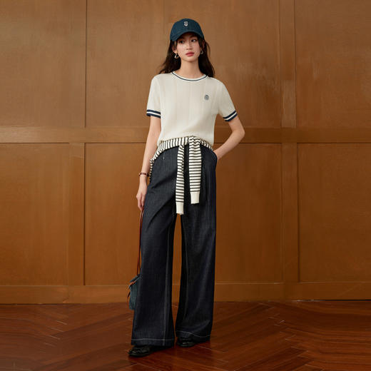 【严选】诗凡黎兰精天丝短袖针织衫2026春夏新款撞色边学院风刺绣圆领上衣7H3330731 商品图1