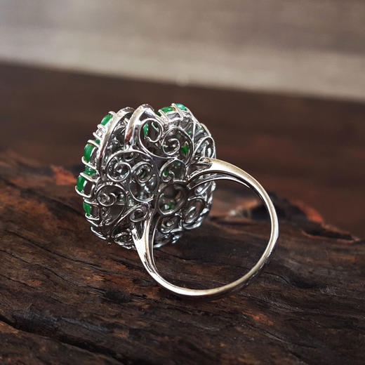 【天然正品】A货翡翠AU750白金镶钻群镶天然设计师花卉款细腻满绿冰种蛋面翡翠戒指16.5号（戒圈可改）280226HSD43 商品图5