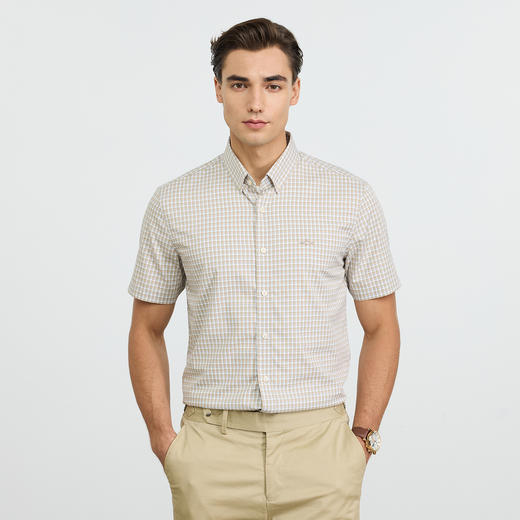 德鲨草绿色短袖格子衬衫男青年2026夏新款打底舒适上衣男弹力衬衣 商品图1