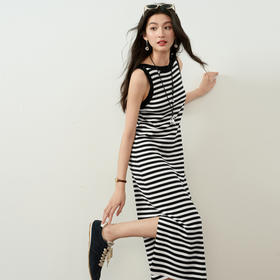 【严选】诗凡黎连衣裙条纹黑白弹力亲肤裙子女2026春夏新款时髦百搭背心式7H3390751