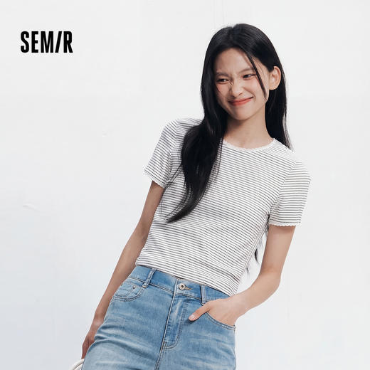 【99元任选2件】森马短袖T恤女夏季短款蕾丝花边圆领紧身衣服显瘦温柔气质条纹衫 商品图1