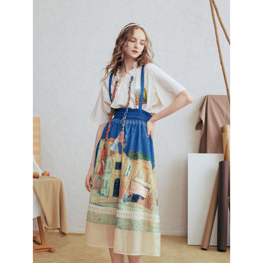 两三事梵高文艺 馥郁寻梦 2026春季新款文艺风印花可拆背带半身裙 商品图3