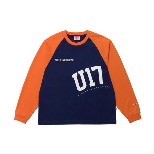 U17 17度印花撞色插肩长袖Tee 深蓝/橘色 商品图0
