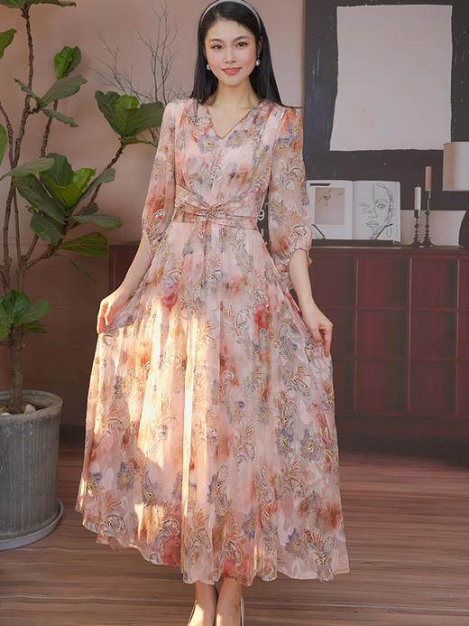 司歌重磅工艺盯珠印花收腰v领连衣裙中长裙A93G5725 商品图1