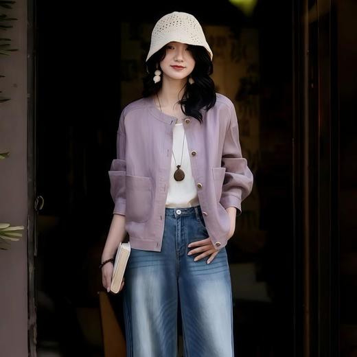 下单3-7天发货！LONGNVFAIR 天丝醋酸圆领短外套 自带“空调纤维”属性 轻盈透气吸湿速干 宽松落肩剪裁 遮肉显瘦 包容各种身材 商品图2