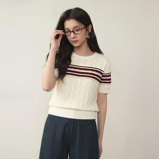 【严选】诗凡黎撞色条纹绞花针织衫2026春夏新款设计感软糯亲肤短袖上衣女7H2230471 商品图3