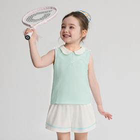 笛莎Deesha 2026年夏季新款小童女童短裤套珠地布10A抗菌运动风娃娃领蝴蝶结装饰套装