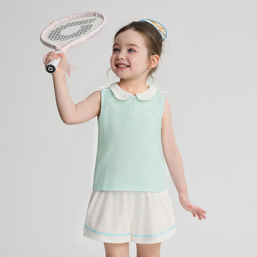笛莎Deesha 2026年夏季新款小童女童短裤套珠地布10A抗菌运动风娃娃领蝴蝶结装饰套装 商品图0
