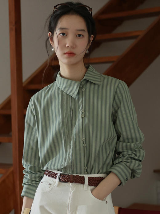 法式高智不规则翻领条纹显瘦衬衫 商品图6