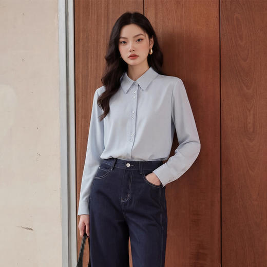 【限时秒杀】西遇垂感蓝色长袖衬衫女2026年春季新款通勤百搭翻领宽松显瘦上衣10260029 商品图0