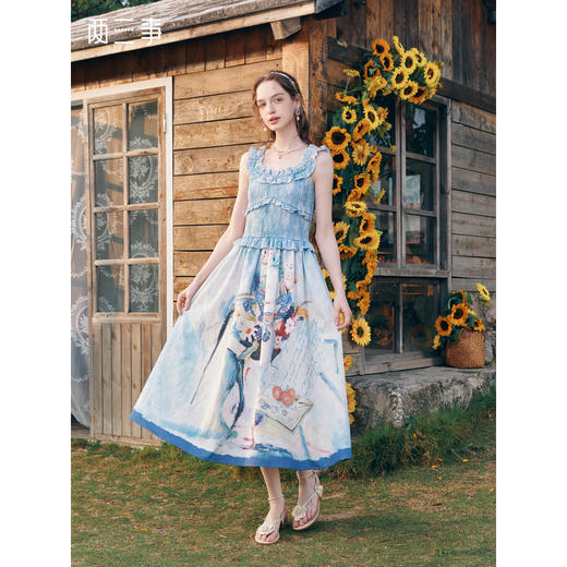 两三事 夏日冰果 2026春季新款复古荷叶边拼接两穿吊带裙连衣裙 商品图0