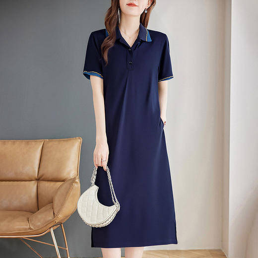 芳妮诗2026夏季新款休闲女士连衣裙大码宽松显瘦撞色翻领t恤裙子 商品图1