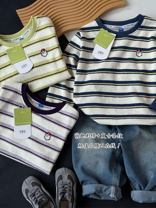【儿童服饰丨吾家儿童litte ben雪花棉条纹打底】采用柔软亲肤的雪花棉材质，轻薄透气，经典的条纹元素，搭配宽松版型，舒服又耐看，上身慵懒感满满，单穿叠穿都好看 商品图2